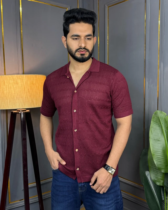 Premium Knit Structured Half Sleeve Shirt - Wine Maroon