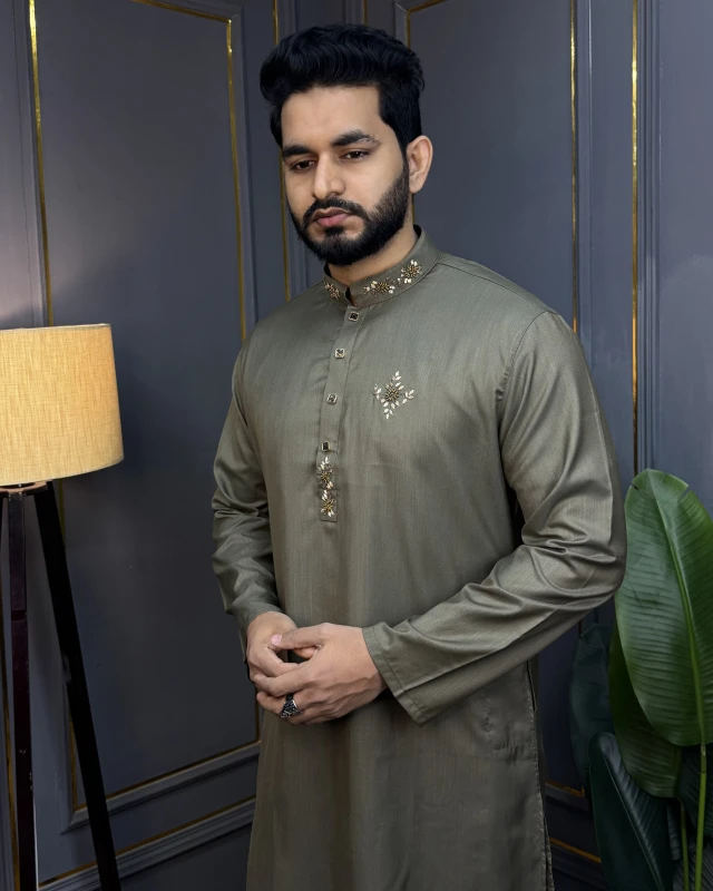 Premium Eid Edition Handcrafted Karchupi Panjabi  - Olive Gold