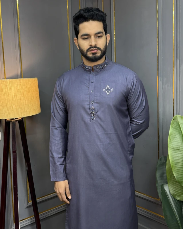 Premium Eid Edition Handcrafted Karchupi Panjabi  - Smoky Lavender