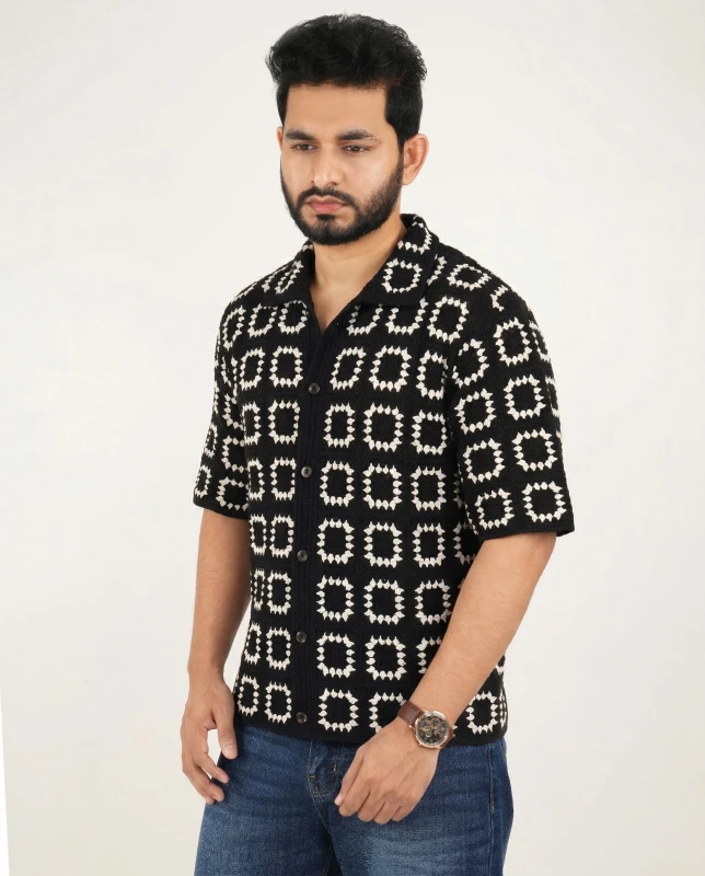 Premium Knit Structured Obsidian Noir Pattern Half Sleeve Shirt