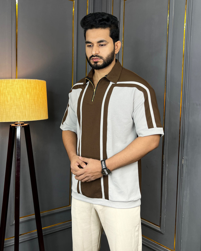 Premium Quality Retro Half Zipper Baggy Polo -  Coffee Essence