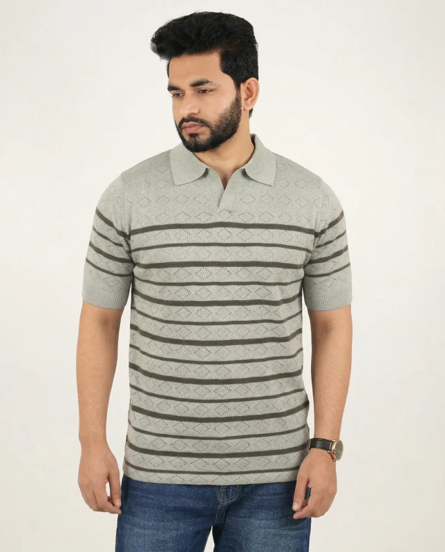 Premium Knit Structured Old Money Stripe Polo - Gray Olive