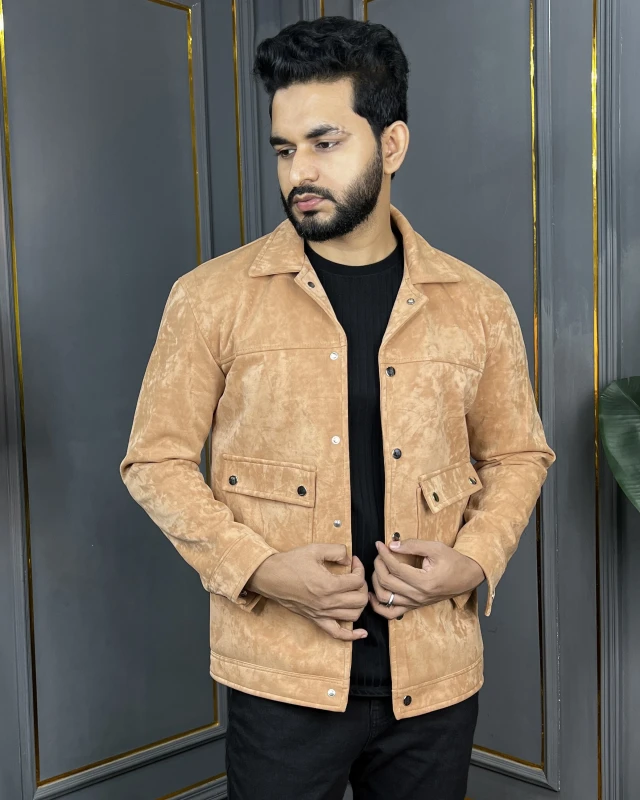 Premium Quality Soft Suede Trucker Jacket - Light Brown