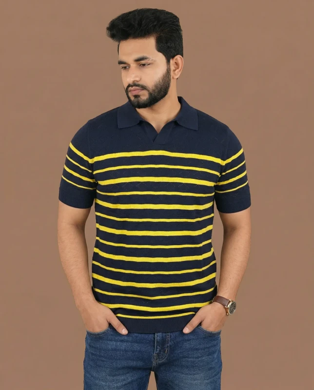 Premium Knit Structured Old Money Stripe Polo - Navy Blue