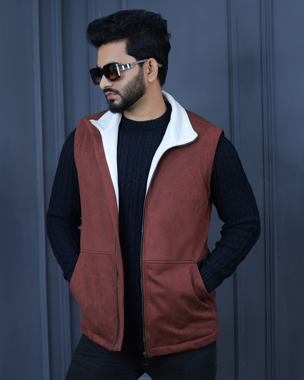 Premium Quality Suede Leather Half Jacket Witth Sherfa  -  Brick