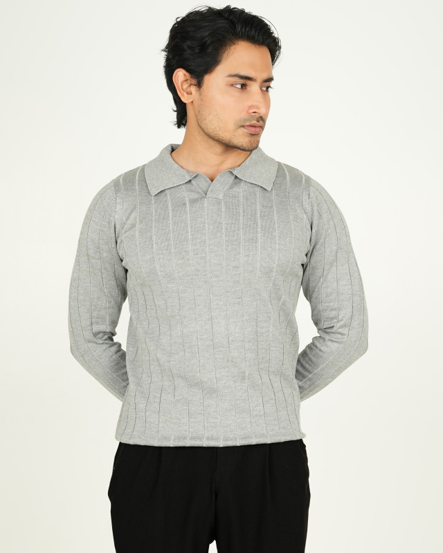 Premium Old Money Full Sleeve Textured Knit Polo - Ash