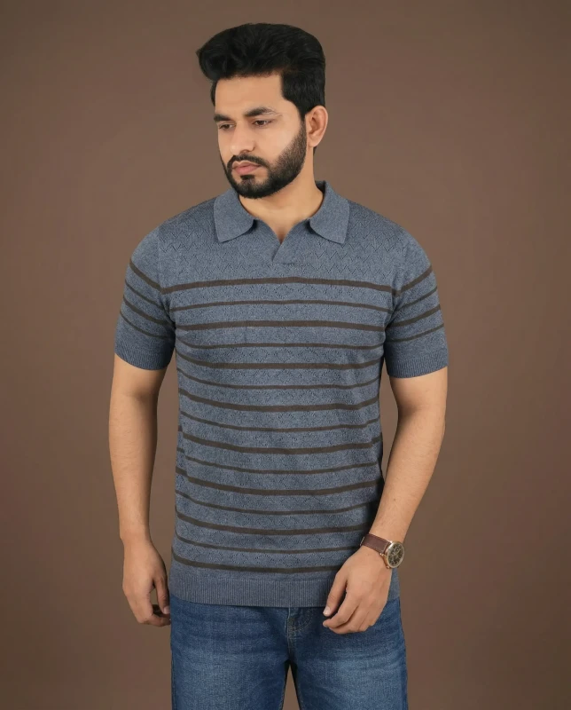 Premium Knit Structured Old Money Stripe Polo - Ash Blue