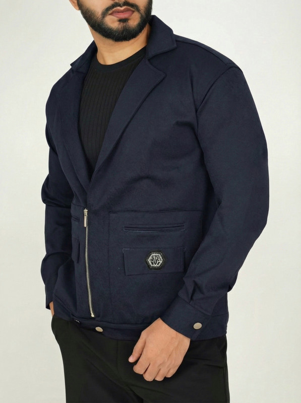 Premium Stylish Black Hybrid Blazer – Zipper & Snap Button Design - Navy Blue