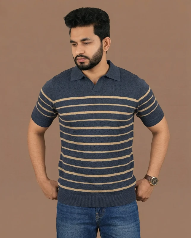 Premium Knit Structured Old Money Stripe Polo - Grayish Blue