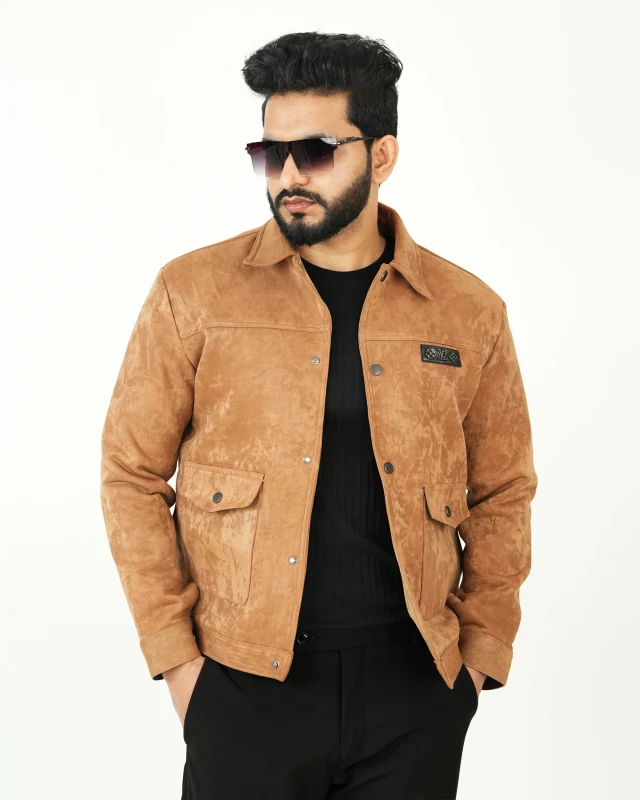 Premium China Imported Korean Style Suede Crop Jacket - Camel Brown
