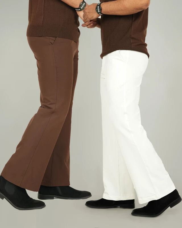 Premium Adjustable Formal Boot Cut Pant - White+Coffee Combo