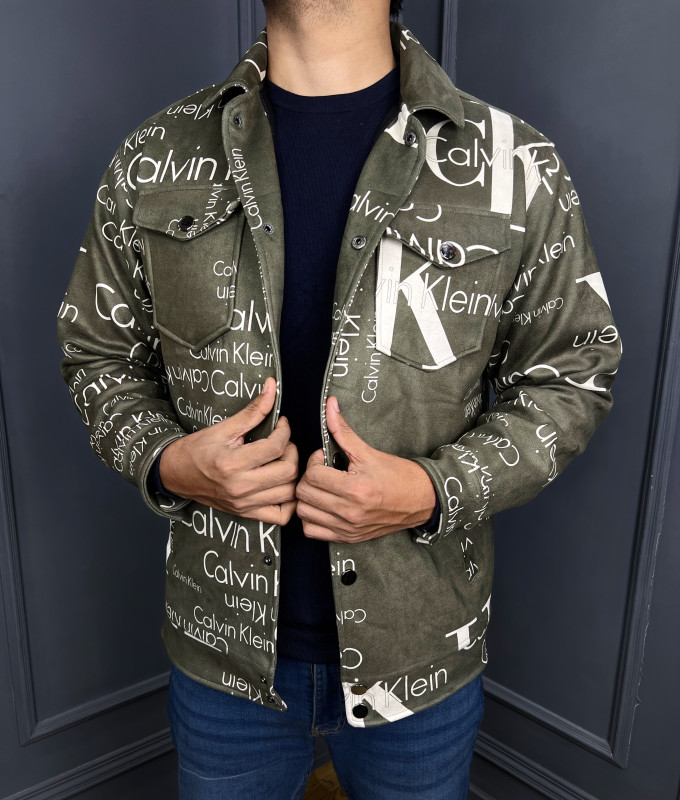 Premium Quality Suede Leather Lettering CK Trucker Jacket - Olive