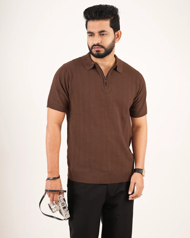 Premium Half Zipper Knit Structured Polo - Coffee Essence