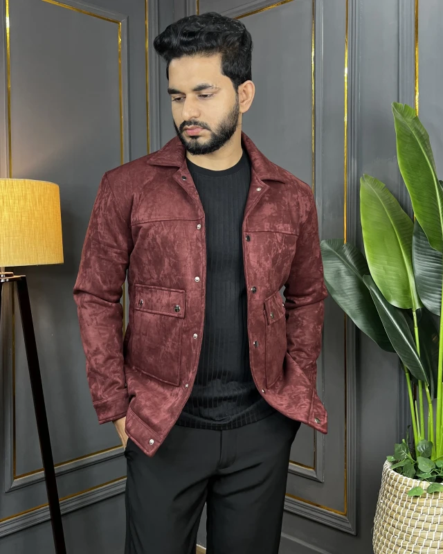 Premium Quality Soft Suede Trucker Jacket - Wine Maroon