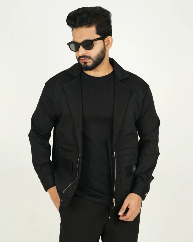 Premium Stylish Black Hybrid Blazer – Zipper & Snap Button Design - Black