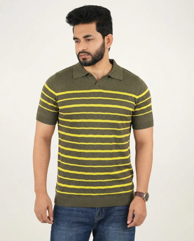 Premium Knit Structured Old Money Stripe Polo - Olive
