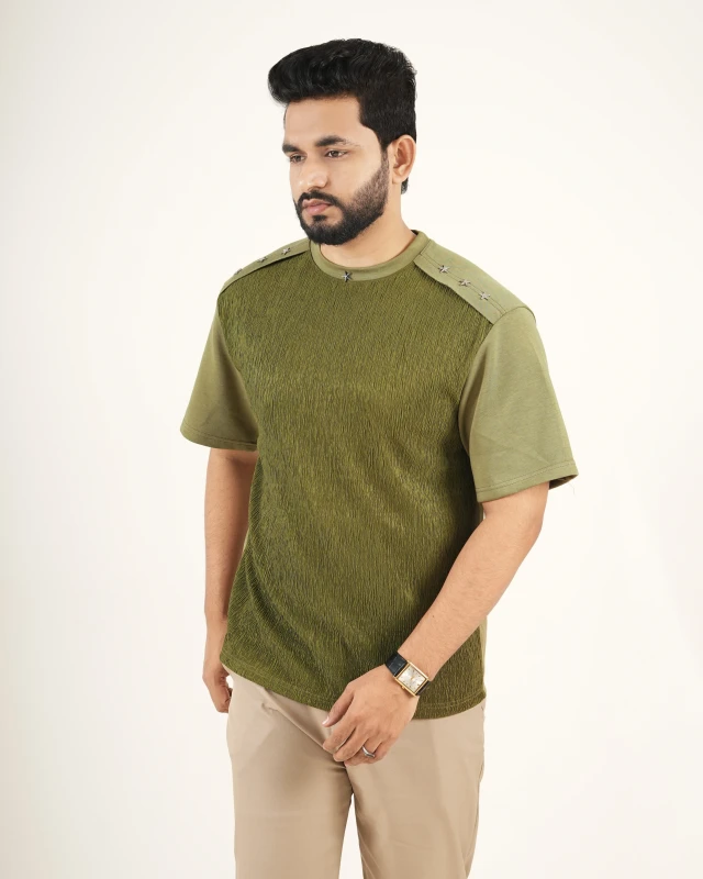 Premium China Imported Luxury Textured T-Shirt - Olive