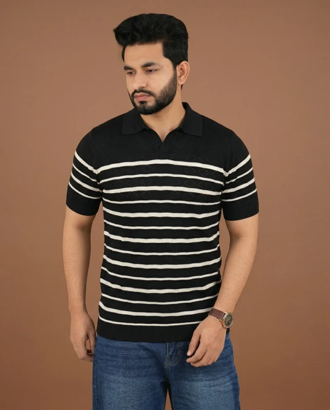 Premium Knit Structured Old Money Stripe Polo - Black
